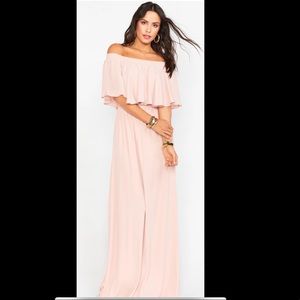 Bridesmaids dusty pink over the shoulder maxi dress